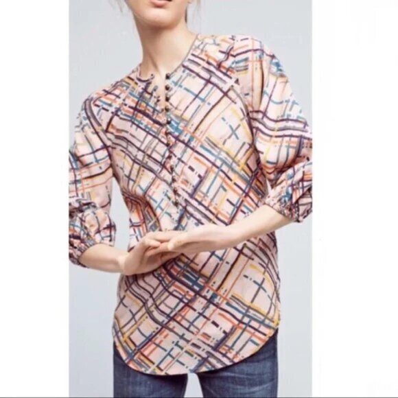 Anthropologie Maeve Bethesda Flannel Top Small Pink Stripes Henley shirt - Picture 2 of 11
